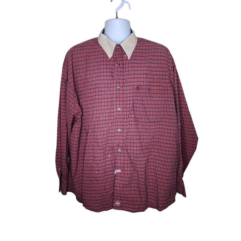 Wrangler PBR Plaid Western Shirt Mens Size 4X Red Rodeo Bull Riding